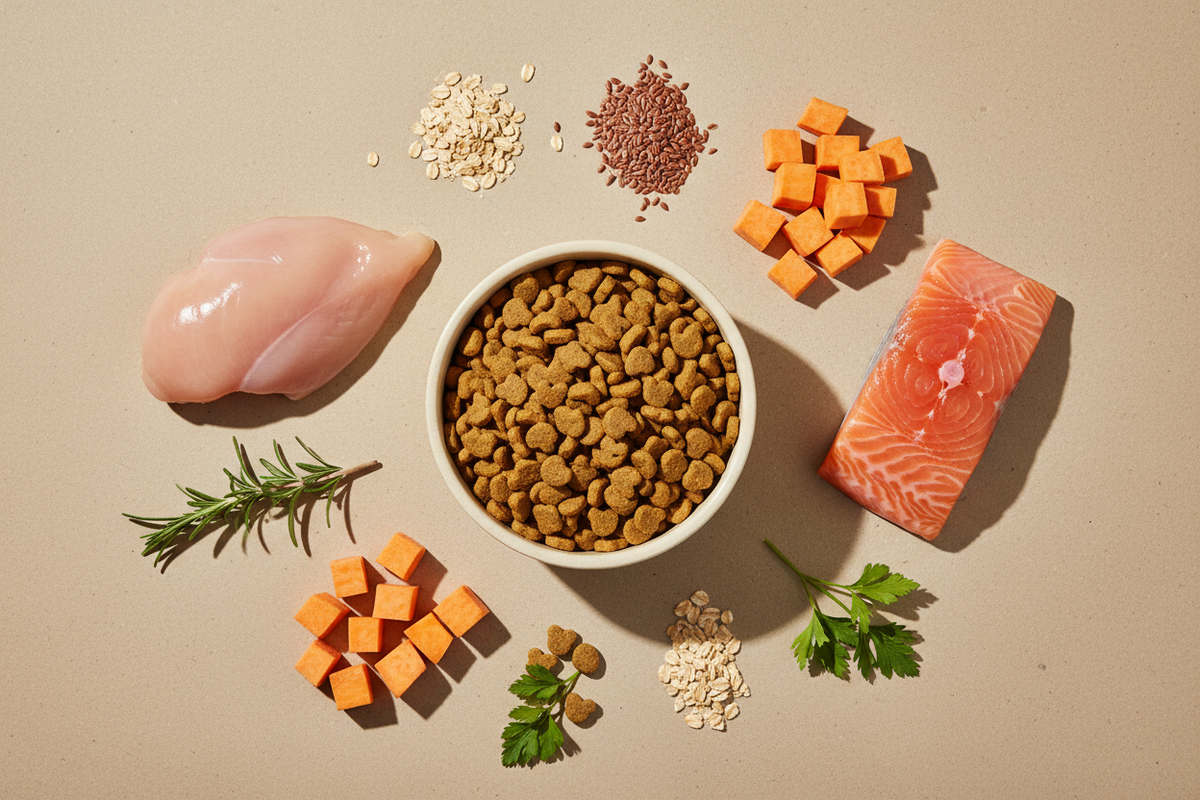 A flat-lay of premium dry dog food kibble with fresh ingredients like chicken, sweet potato, oats and salmon oil, illustrating healthy dry dog food in Australia.