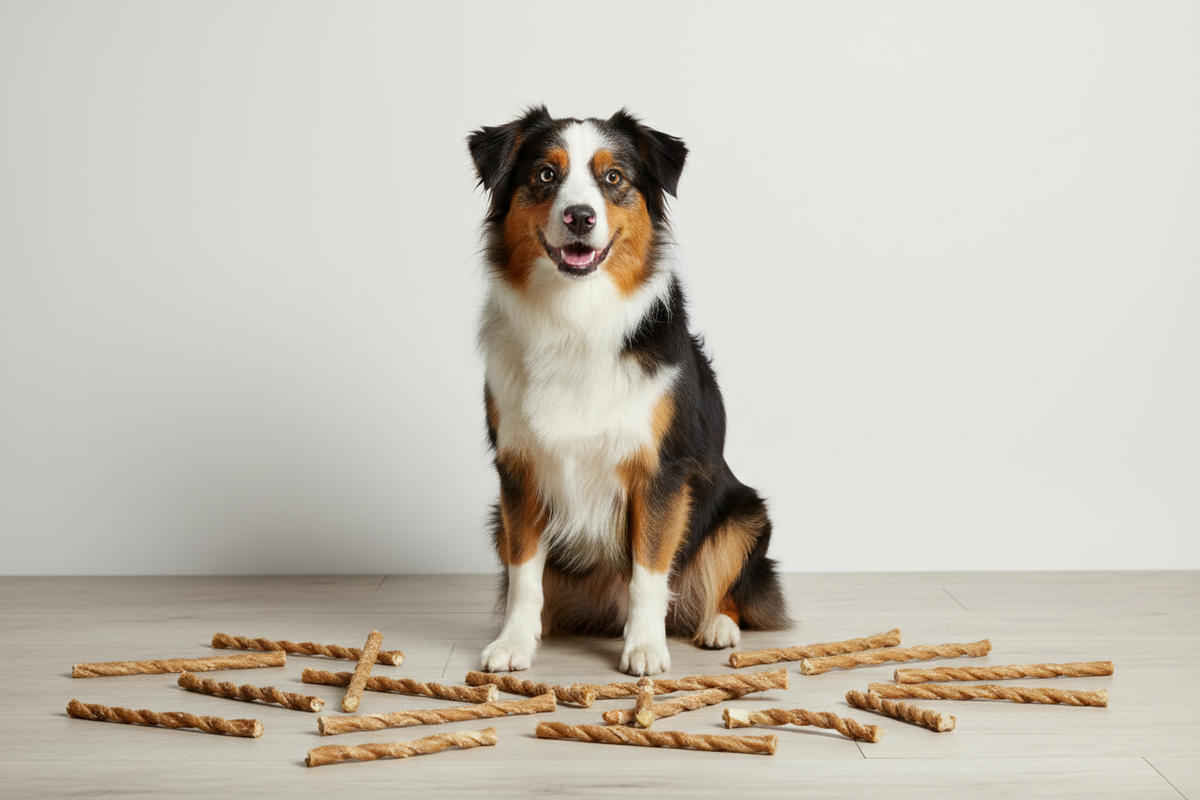 Australian dog with natural freeze-dried treats and kangaroo dental sticks displayed on a clean background, representing the best natural dog treats in 2026.