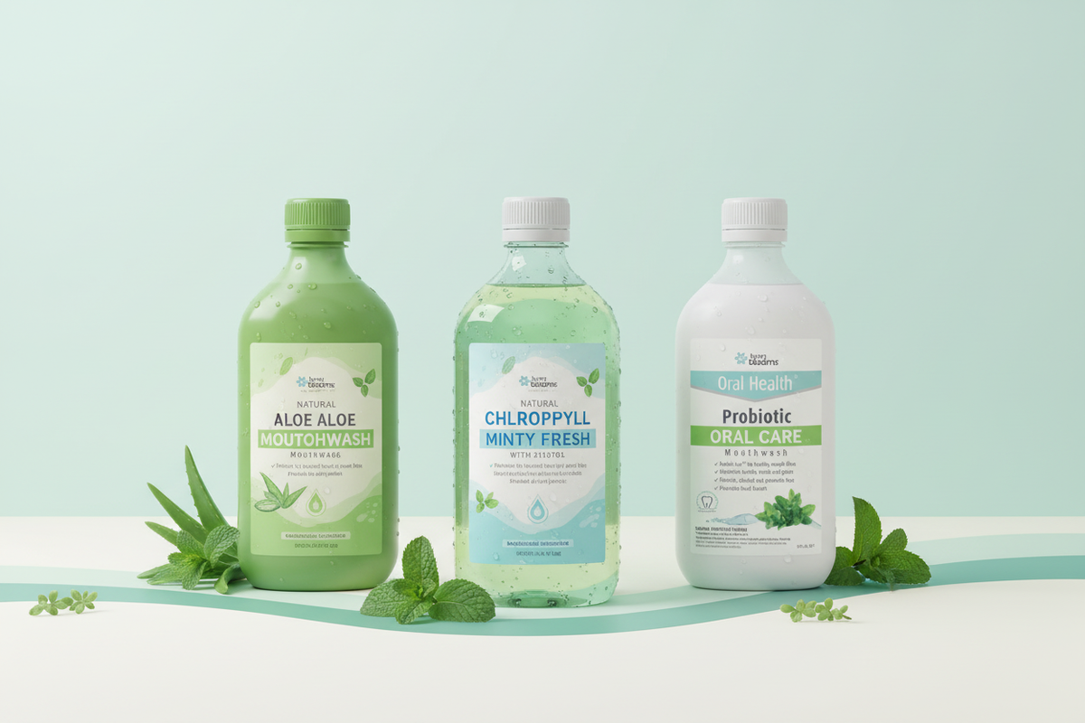 Natural mouthwash bottles displayed on a clean background representing aloe, chlorophyll and probiotic mouthwash options for fresh breath.