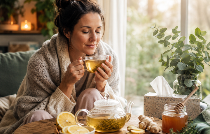 Woman holding warm herbal tea with lemon, ginger, honey and tissues for chesty cough comfort. article image