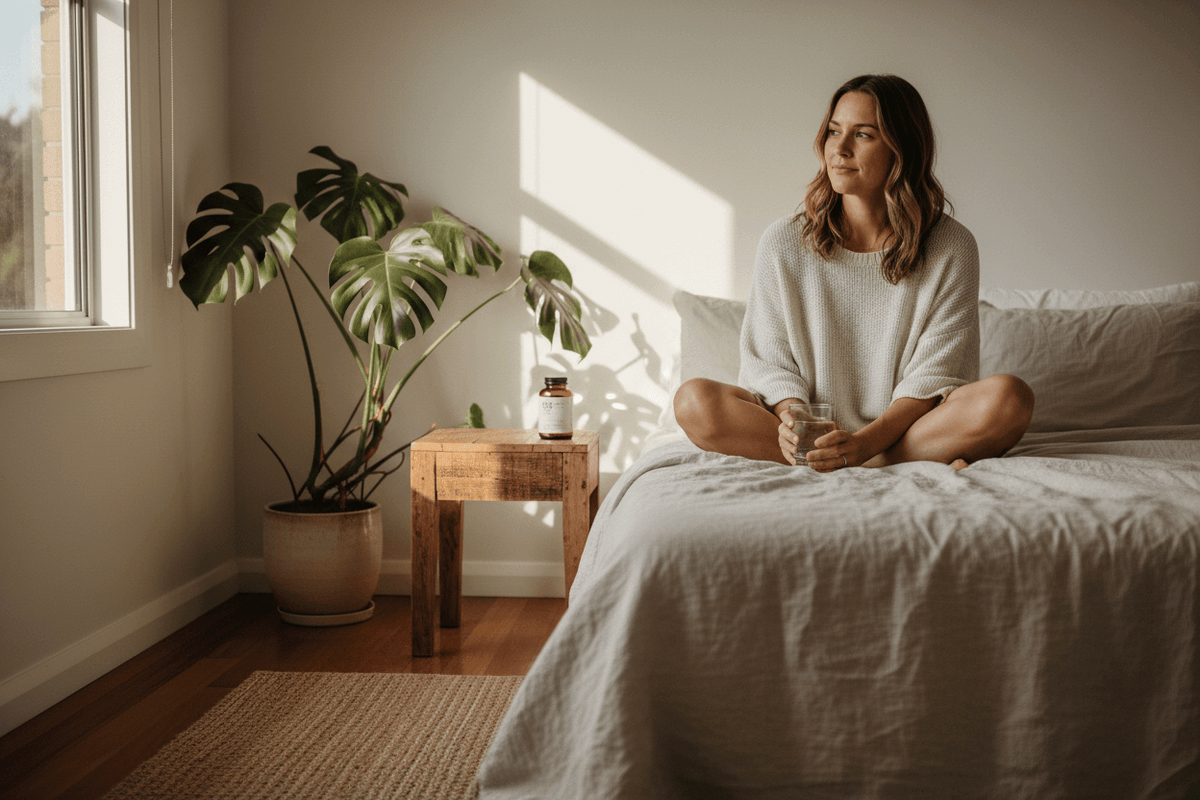 Woman practising evening self-care with magnesium supplement on bedside table in calm, natural bedroom.