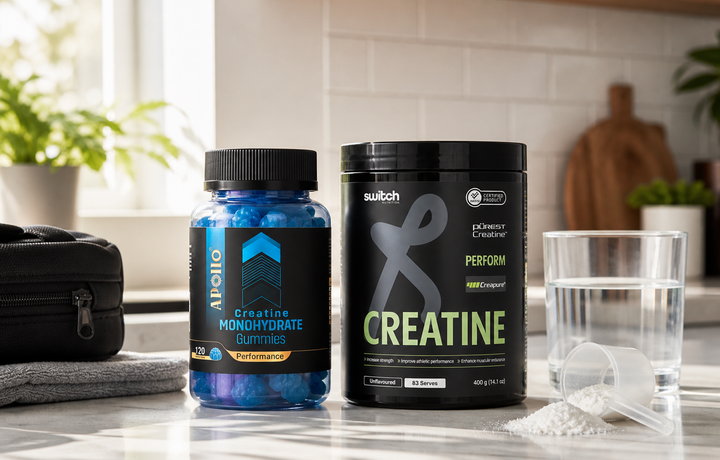 Creatine gummies and powder compared on a bright kitchen bench article image