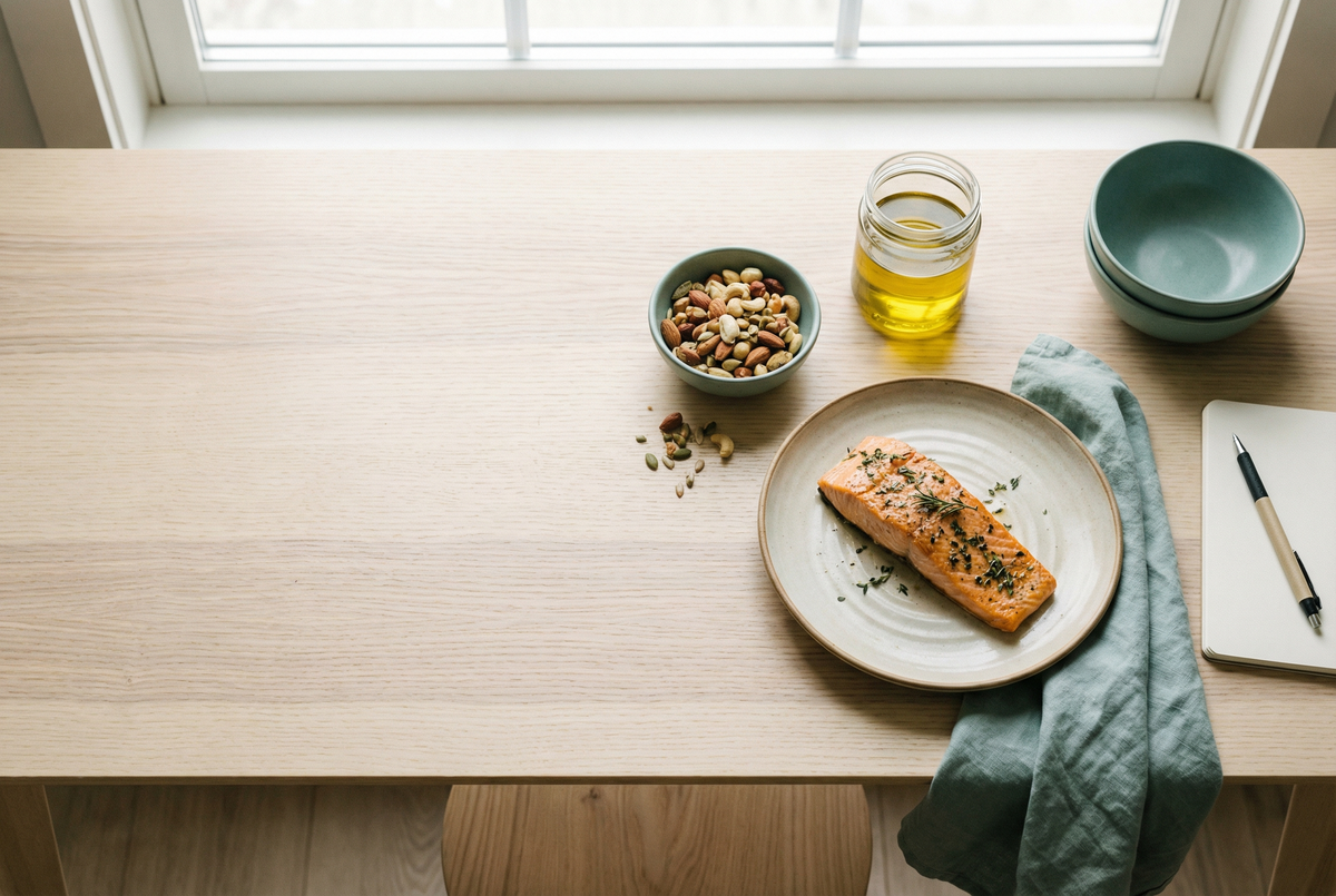 Healthy omega-3 foods including salmon, nuts and oil on a kitchen bench