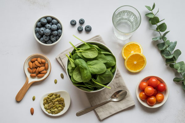 Healthy wholefood flat-lay with nutrient-rich fruits, vegetables and seeds on a clean background. article image
