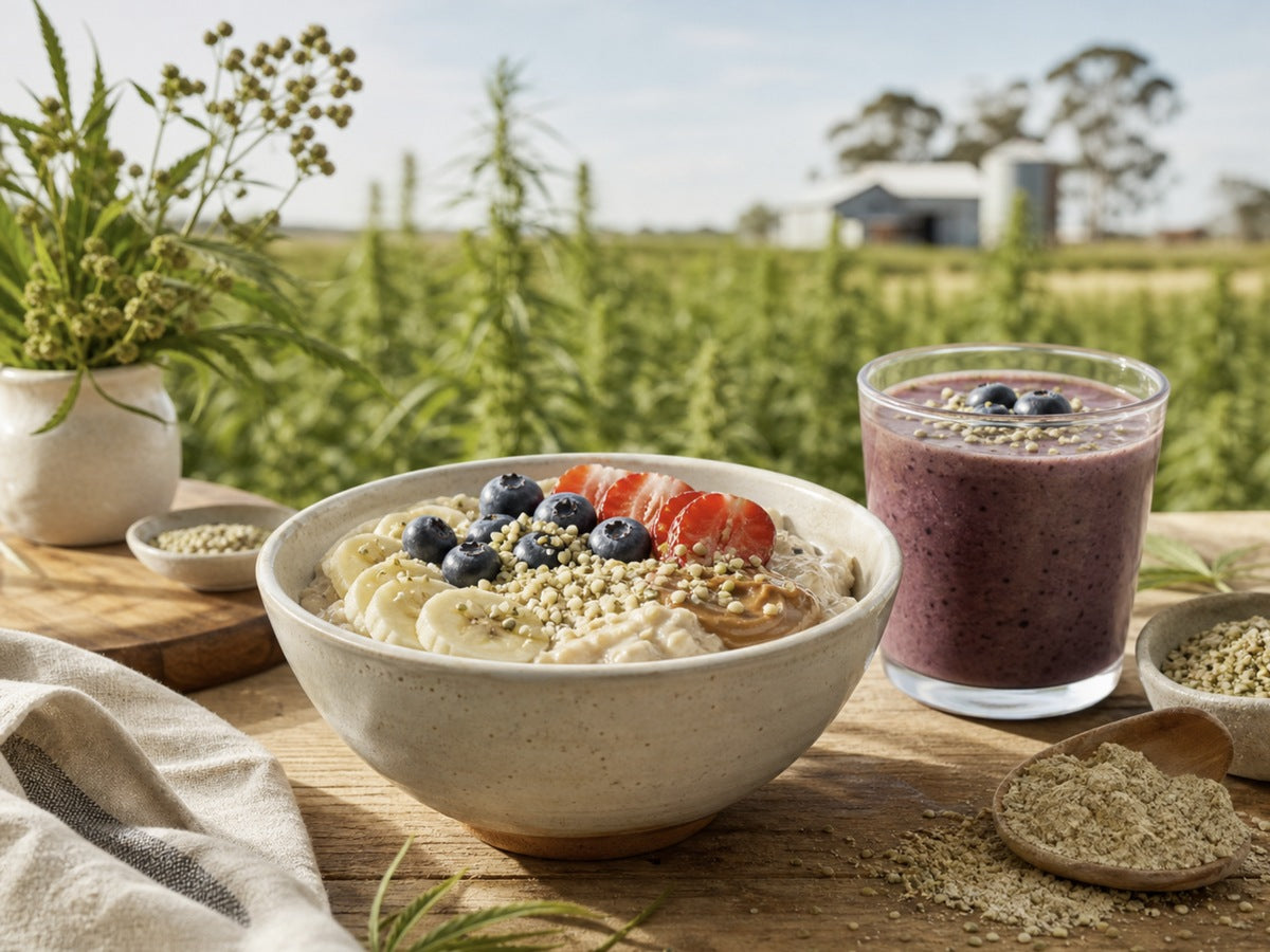 Hemp seed breakfast bowl and smoothie overlooking an Australian hemp field