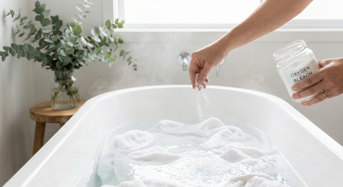 A relaxing, low-tox laundry stripping setup in a bright Australian bathroom, showing white towels soaking in hot water with oxygen bleach powder being added.