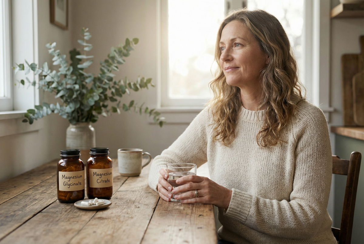 Woman at table with magnesium glycinate and magnesium citrate supplements in natural light.
