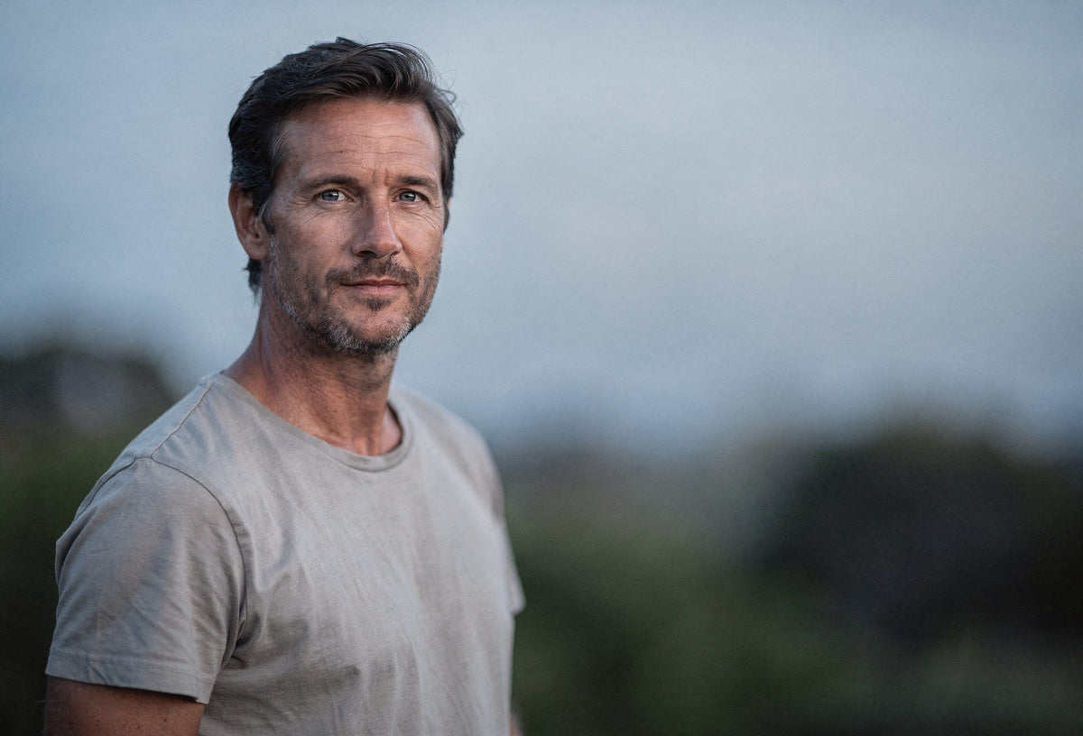 Australian man outdoors in soft morning light, calm and steady expression representing balanced energy and hormonal health in men.