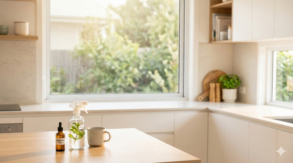A clean, sunlit Australian kitchen featuring a DIY natural pest control spray bottle and peppermint essential oil on a wooden bench.