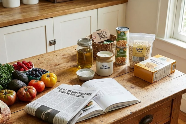A rustic kitchen flat lay displaying a spectrum of foods from fresh produce to packaged staples, illustrating the balance between whole foods and ultra-processed foods in the new 2025 U.S. dietary guidelines. article image