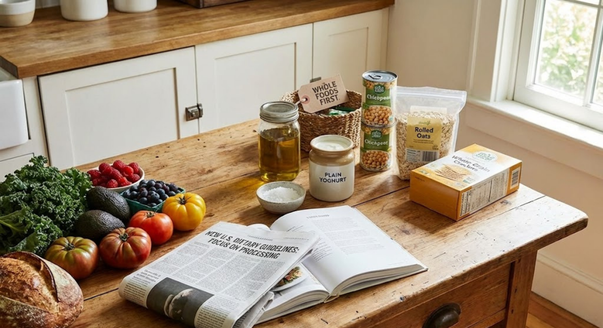 A rustic kitchen flat lay displaying a spectrum of foods from fresh produce to packaged staples, illustrating the balance between whole foods and ultra-processed foods in the new 2025 U.S. dietary guidelines.