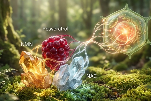 Conceptual illustration of cellular energy and vitality, symbolizing the "Longevity Trinity" synergy of NMN, Resveratrol, and NAC. article image