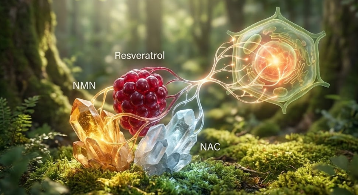 Conceptual illustration of cellular energy and vitality, symbolizing the "Longevity Trinity" synergy of NMN, Resveratrol, and NAC.