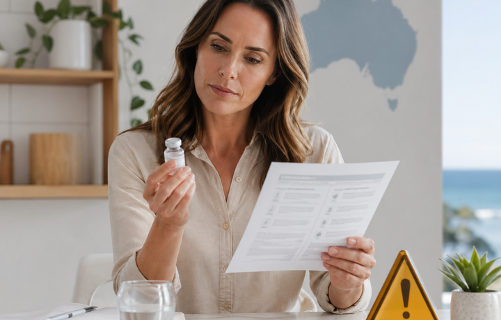 Australian woman reviewing an unbranded peptide vial and safety information sheet, with a caution symbol and Australia map in the background. article image