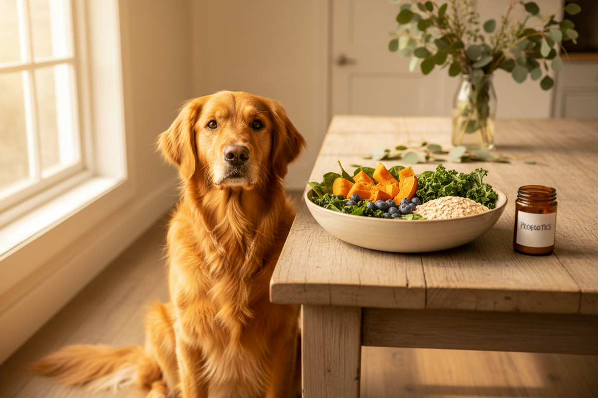 Happy dog beside fresh natural ingredients that support gut health and digestion.