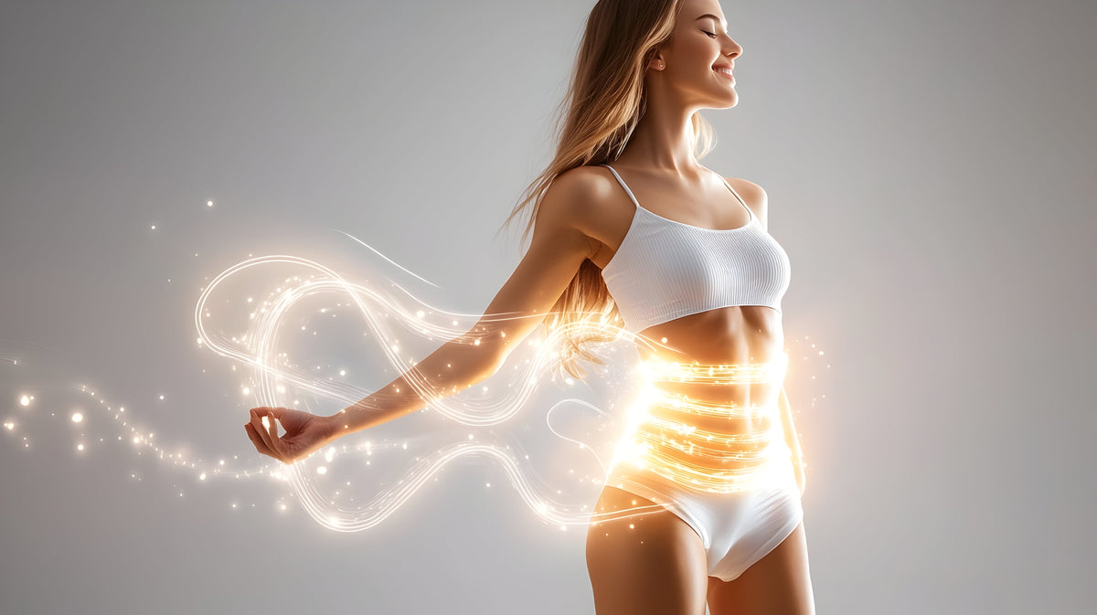 A stylised illustration of the gut microbiome showing a human torso outline with glowing microbial shapes, representing signs of an imbalanced gut.
