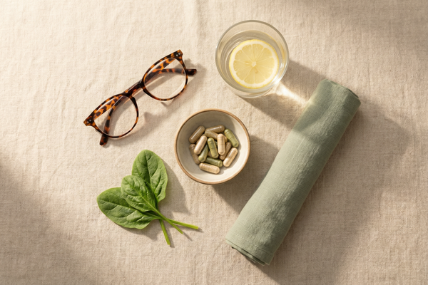 Over-50 multivitamin capsules with lemon water and glasses on a linen background article image