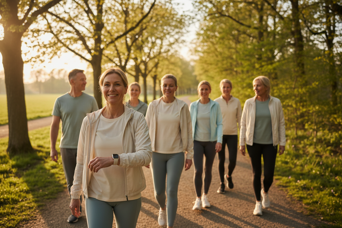 Group of adults walking outdoors at sunrise wearing fitness trackers, representing evidence-based wellness trends for 2026.