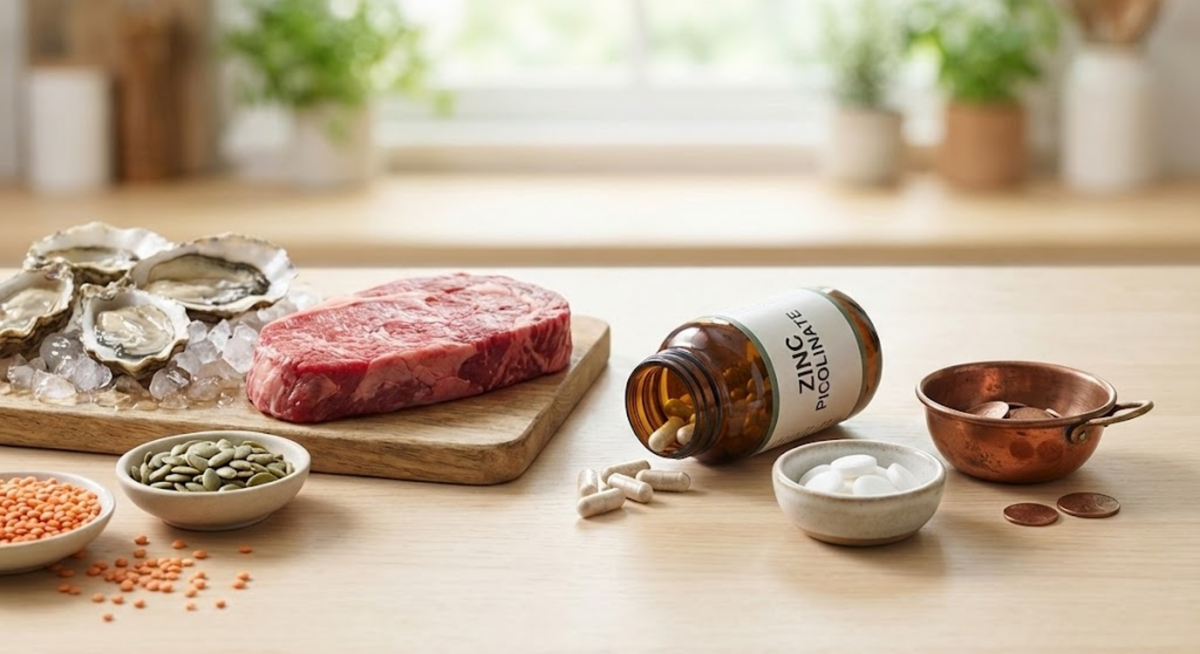 A photorealistic still life showing natural zinc sources like oysters, beef steak, pumpkin seeds, and lentils alongside a bottle of Zinc Picolinate capsules and a small copper bowl with coins, representing the balance between zinc and copper.