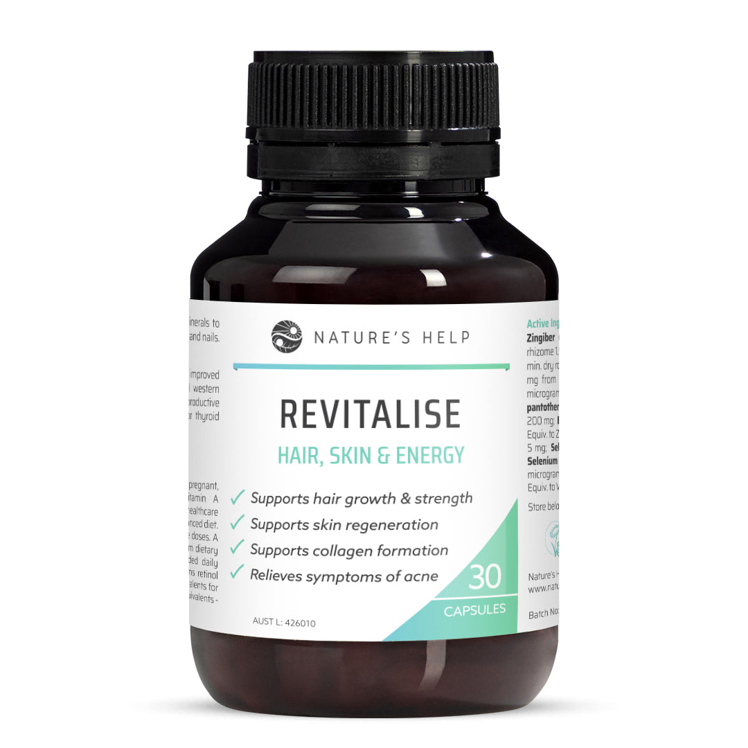 Nature's Help Revitalise Hair, Skin and Energy 30 Capsules front label.