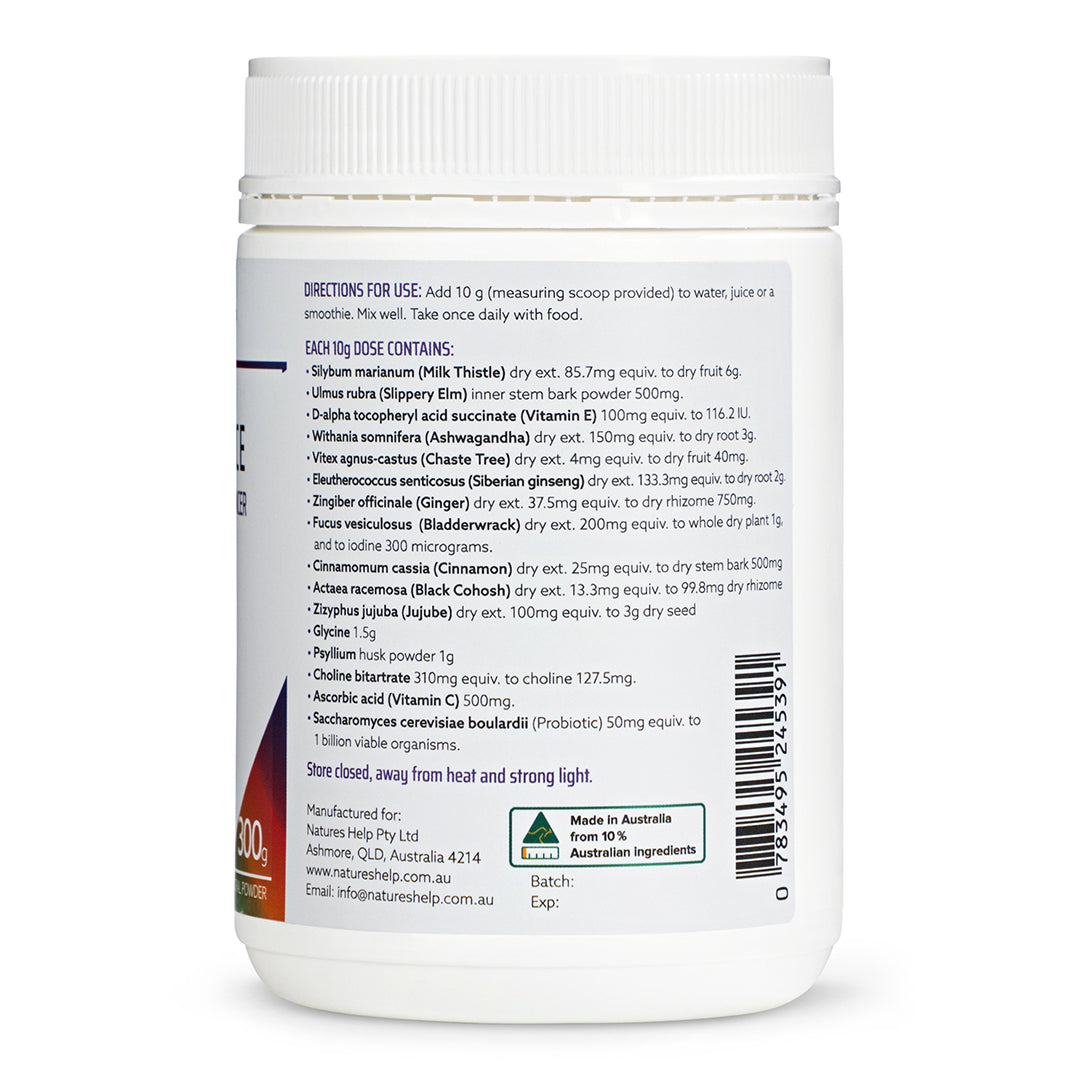 Nature's Help Her Balance 300g directions, ingredients and barcode label.
