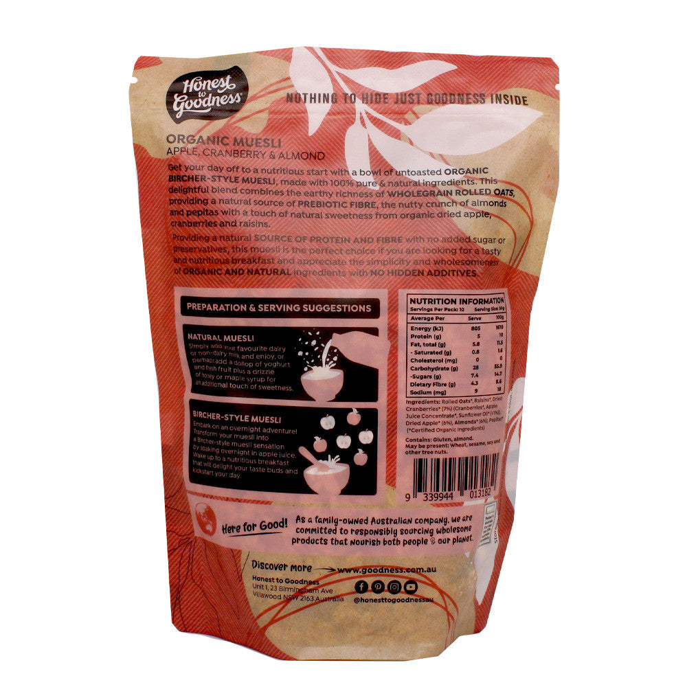 Honest to Goodness Organic Apple Cranberry and Almond Muesli 500g back panel