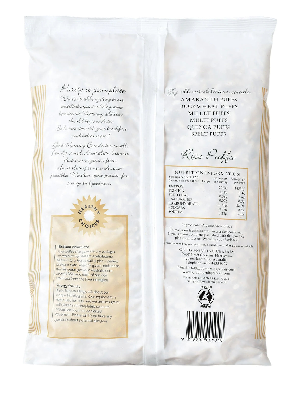 Good Morning Cereals Organic Puffed Brown Rice 175g back of pack with ingredients, nutrition and storage information
