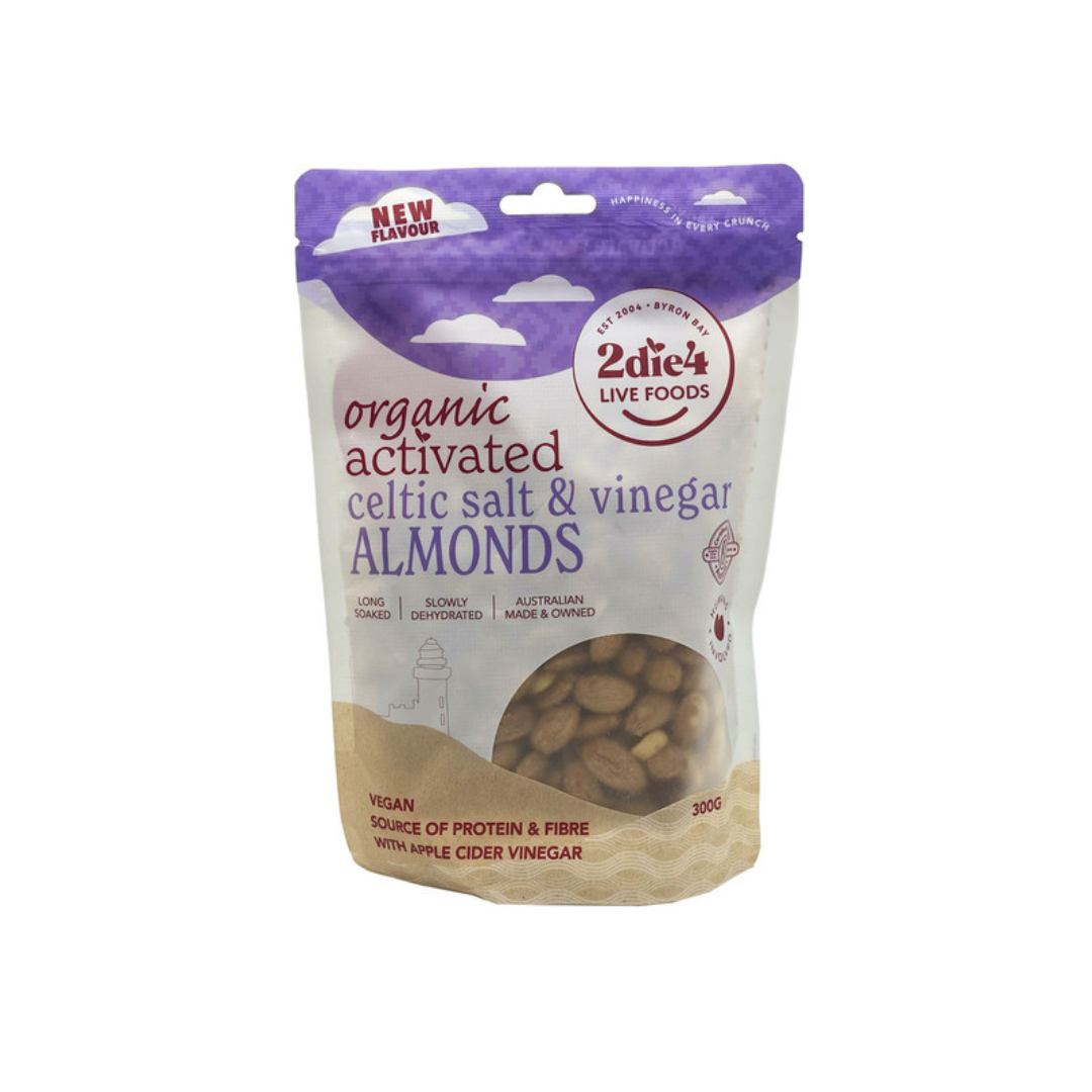 2die4 Live Foods Activated Organic Celtic Salt & Vinegar Almonds 300g front pack