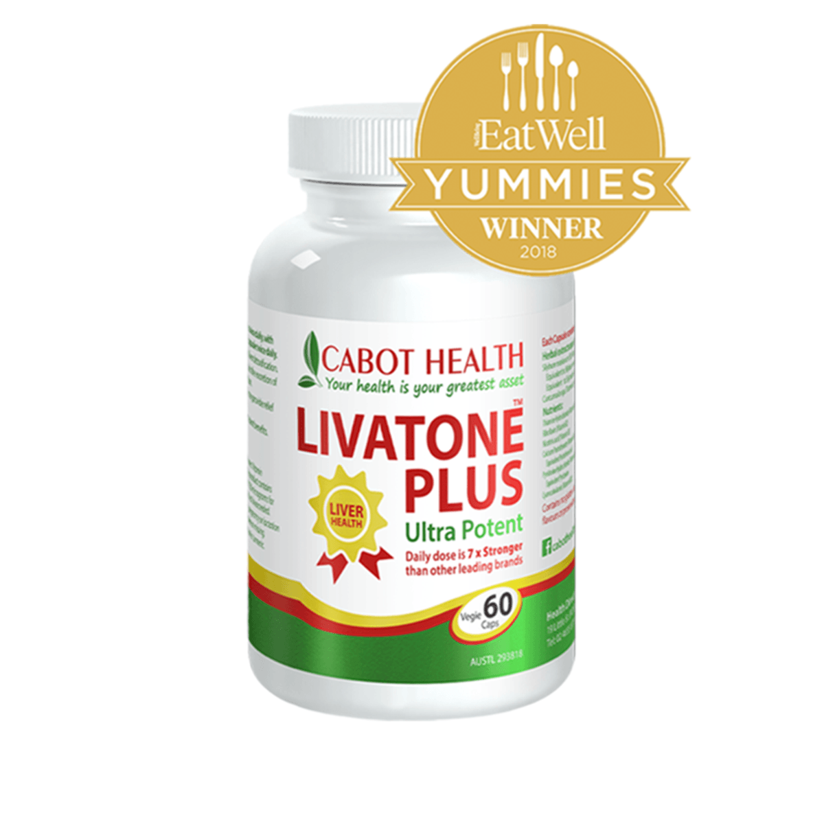 Cabot Health LivaTone Plus 60 capsules front bottle with award badge