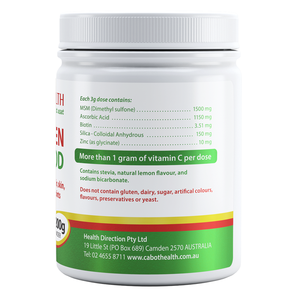 Cabot Health Collagen Food (MSM + Vit C + Silica) 200g back label