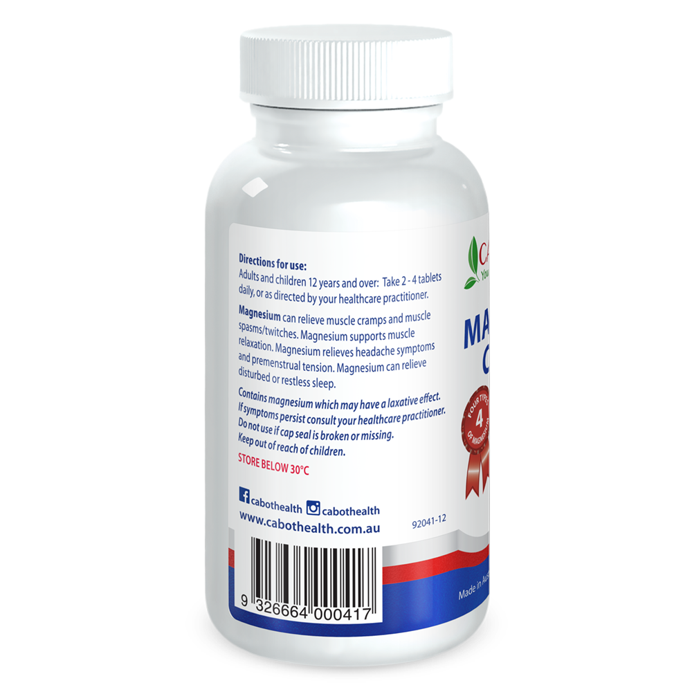 Cabot Health Magnesium Complete 200 tablets rear label with directions, warnings and barcode