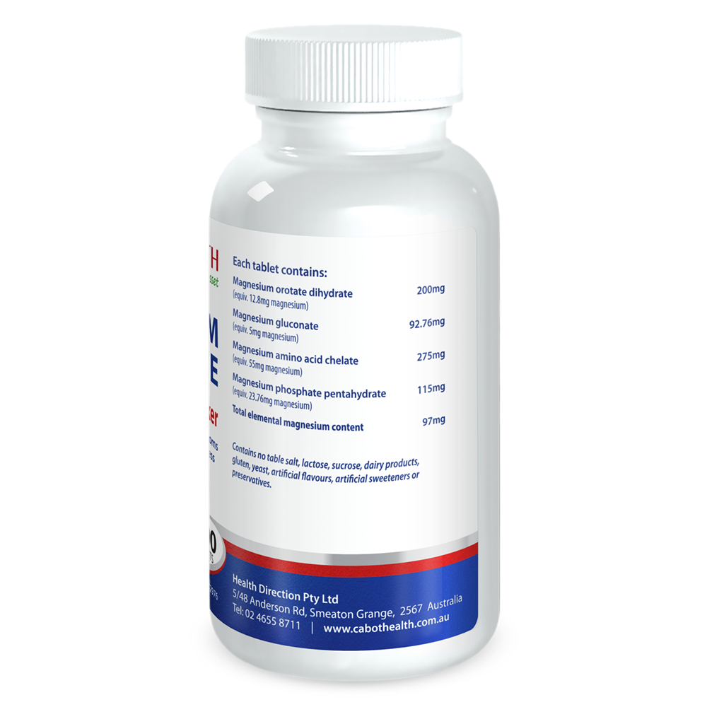 Cabot Health Magnesium Complete 200 tablets rear label with ingredient panel