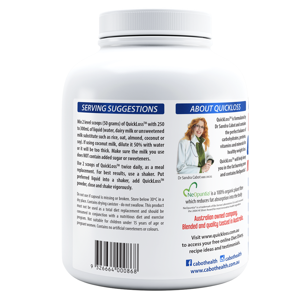 Cabot Health Quick Loss Meal Replacement Vanilla 1kg directions label