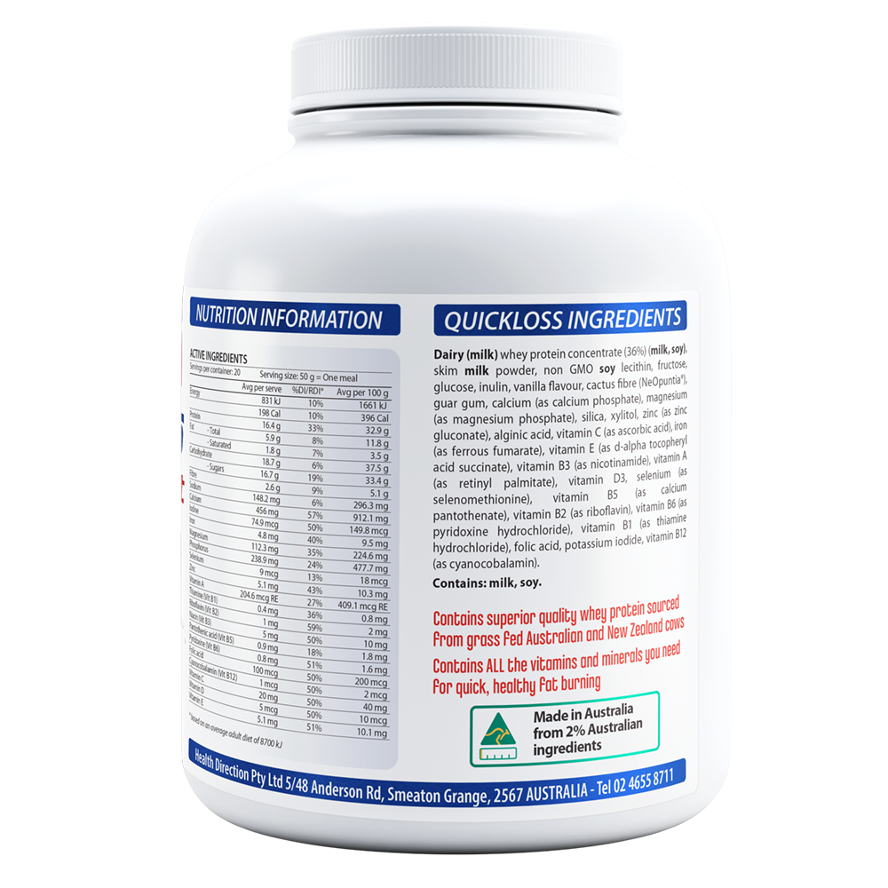 Cabot Health Quick Loss Meal Replacement Vanilla 1kg nutrition panel