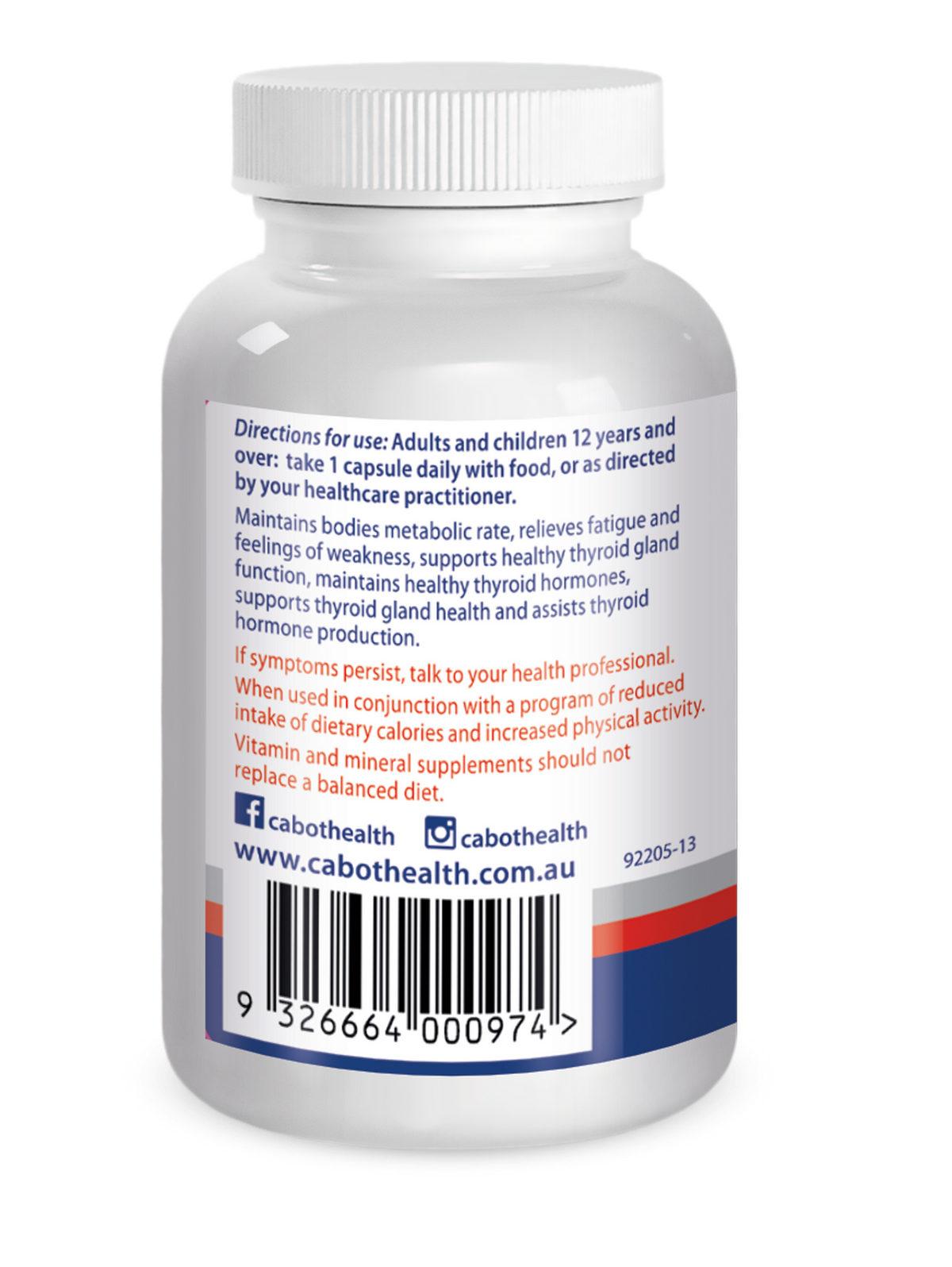 Cabot Health Thyroid Health 60 capsules rear label with directions, warnings and barcode