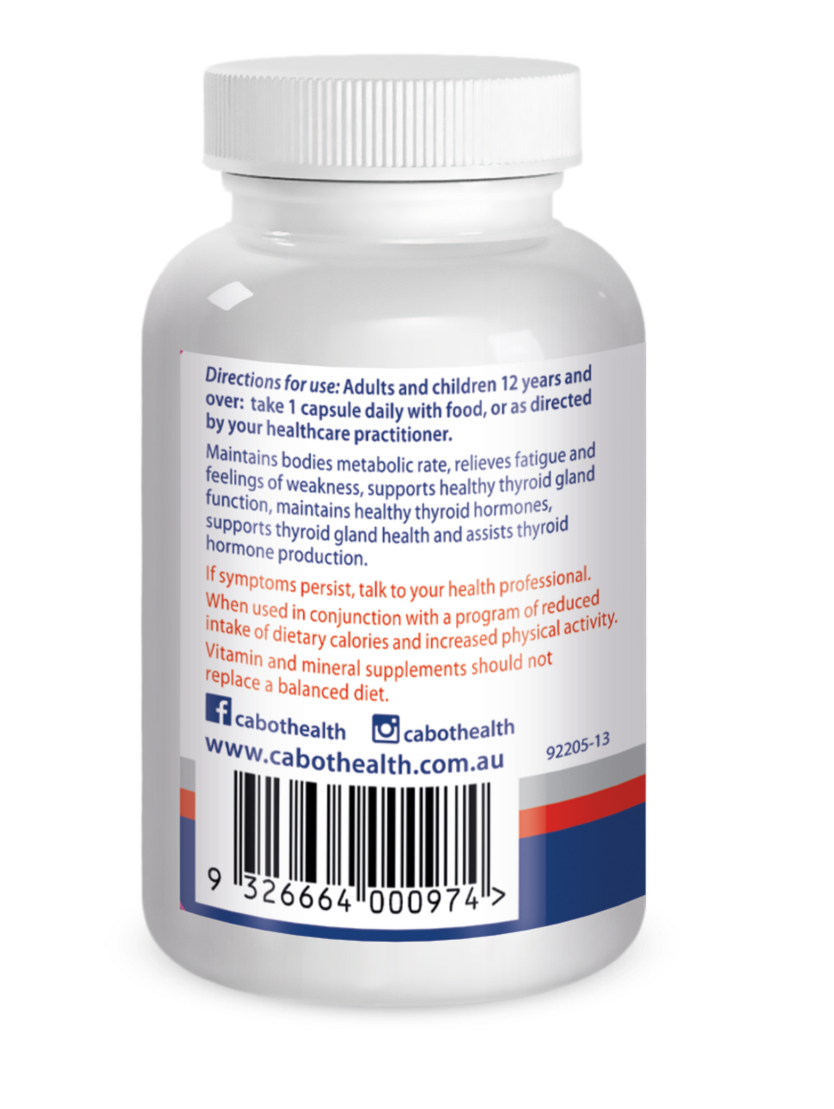 Cabot Health Thyroid Health 60 capsules rear label with directions, warnings and barcode