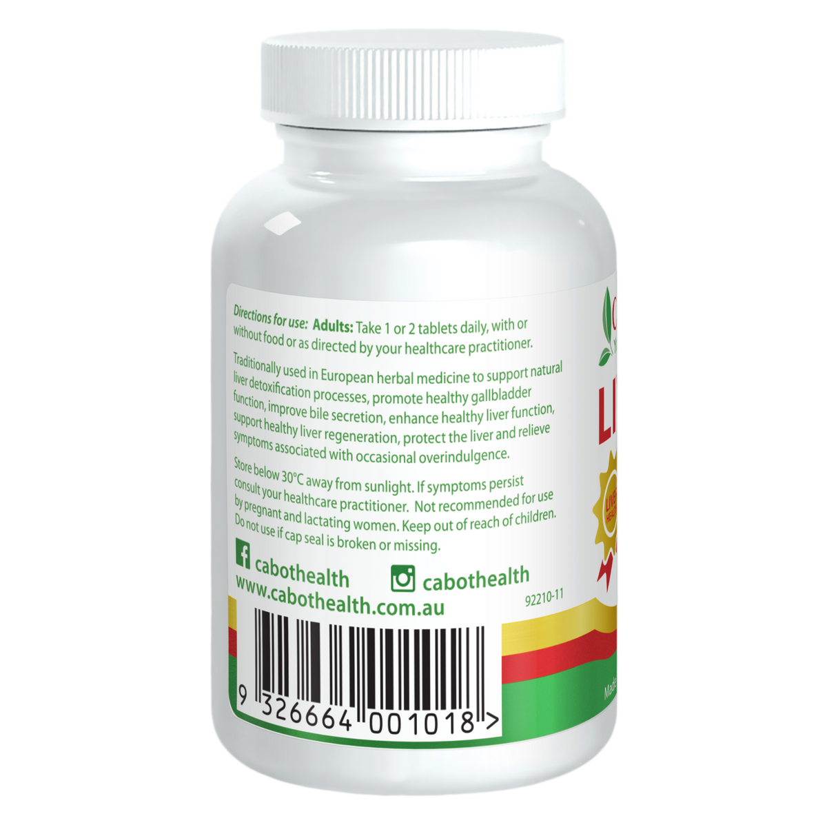 Cabot Health LivaTone Shots 60 tablets rear label with directions, warnings and barcode
