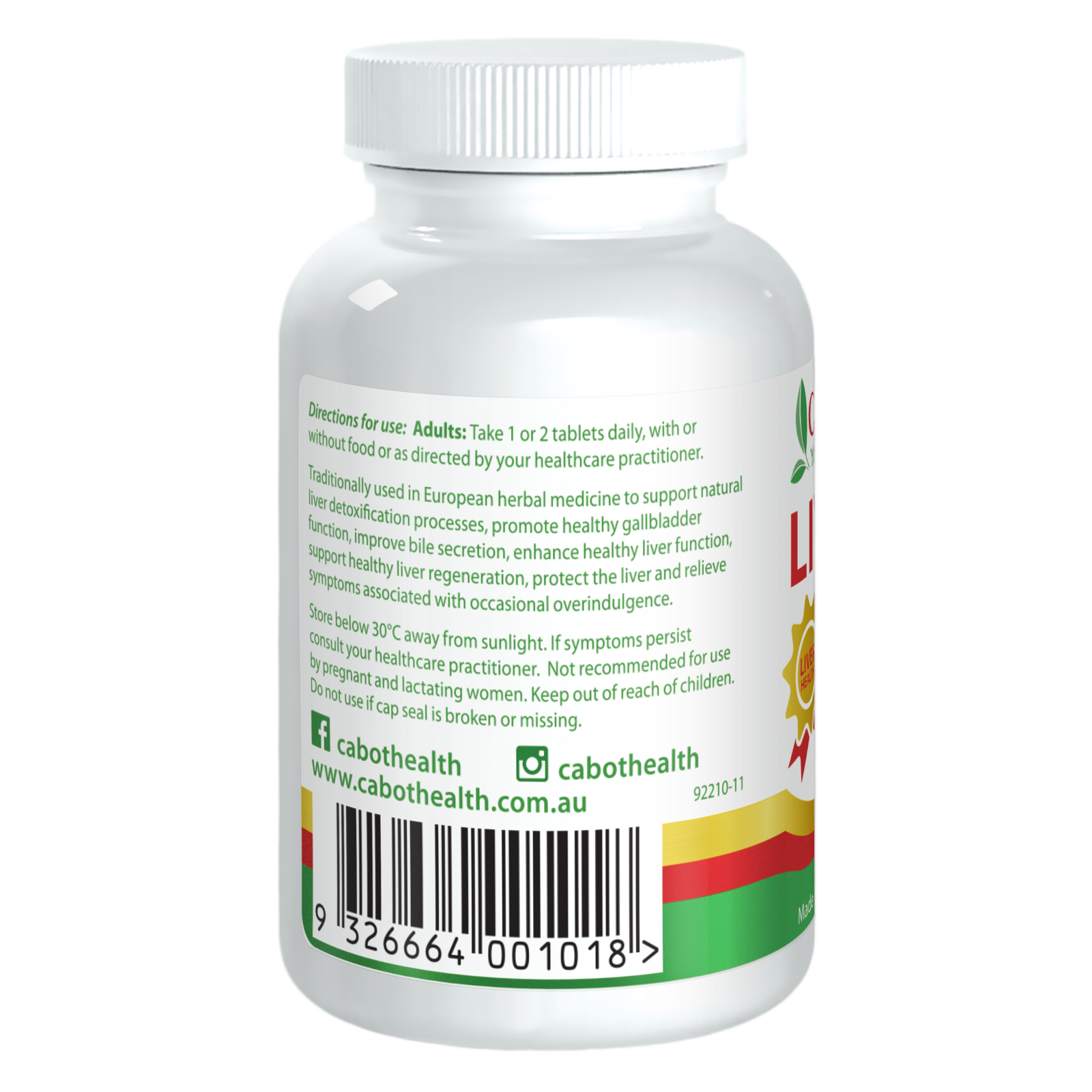 Cabot Health LivaTone Shots 60 tablets rear label with directions, warnings and barcode