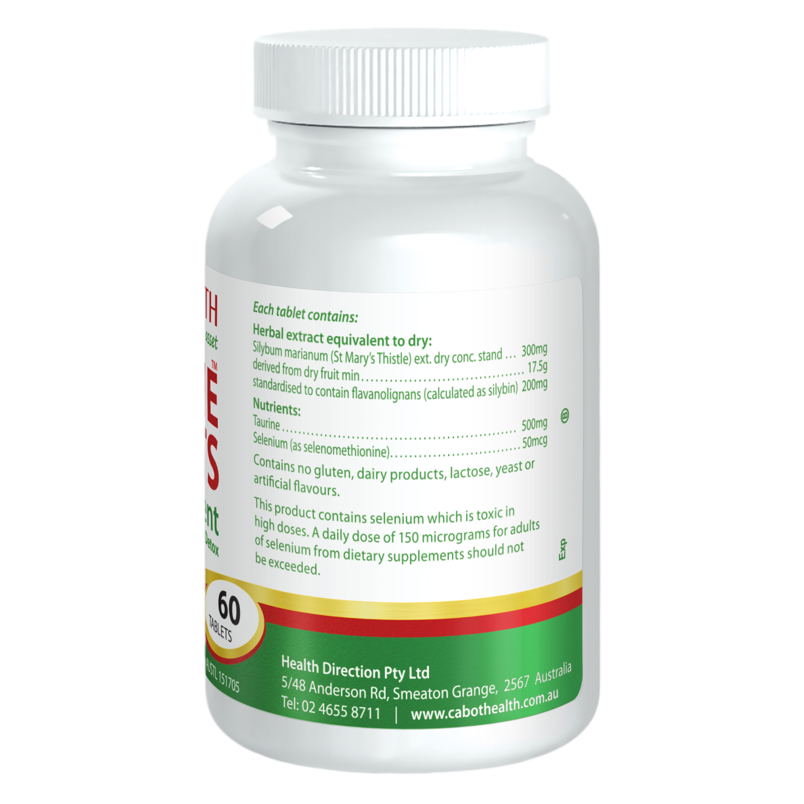 Cabot Health LivaTone Shots 60 tablets rear label with ingredient panel