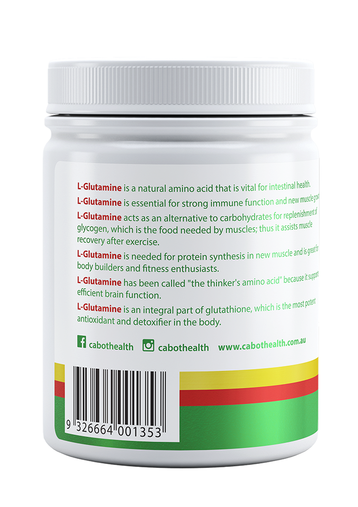Cabot Health Glutamine Pure Powder 175g rear label with product information and barcode