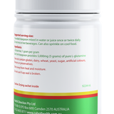Cabot Health Glutamine Pure Powder 175g rear label with directions, ingredients and warnings
