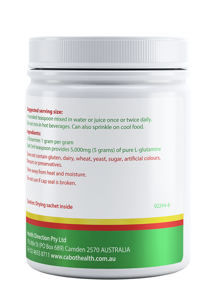 Cabot Health Glutamine Pure Powder 175g rear label with directions, ingredients and warnings