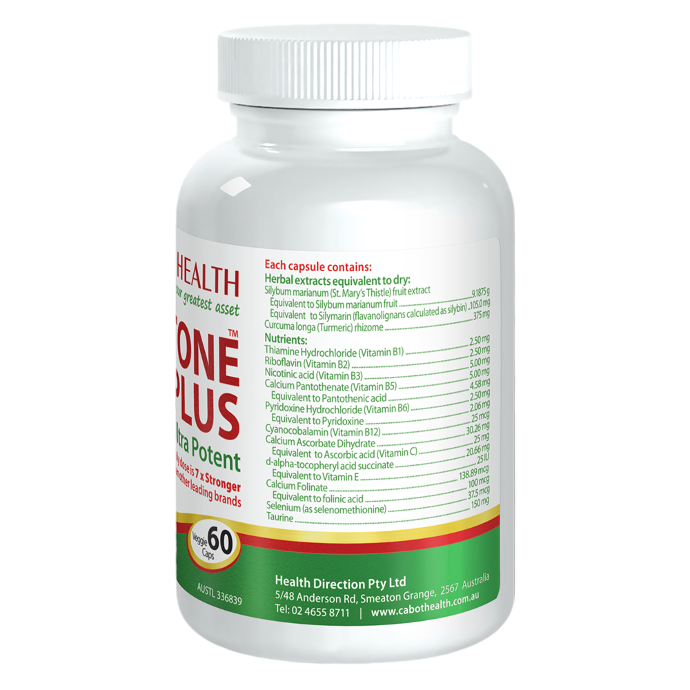 Cabot Health LivaTone Plus 60 capsules rear label with ingredient panel