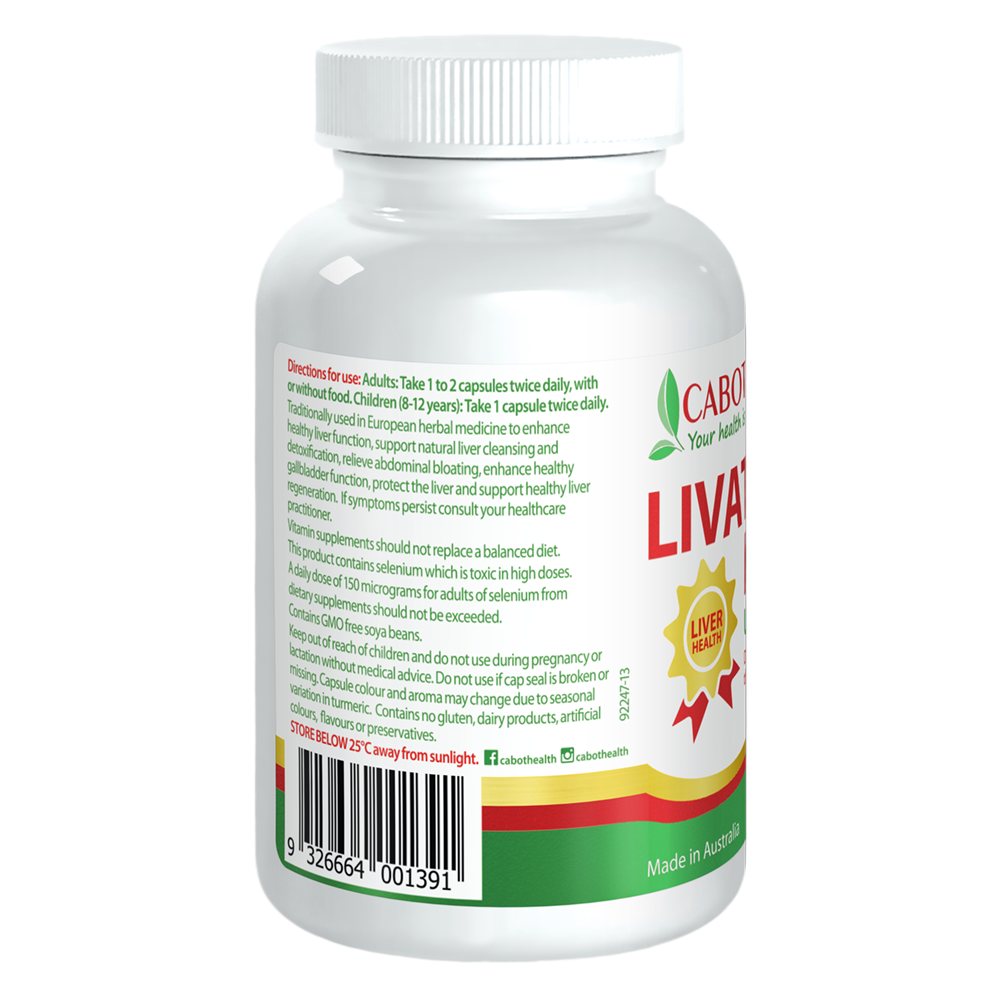 Cabot Health LivaTone Plus 60 capsules rear label with directions, warnings and barcode