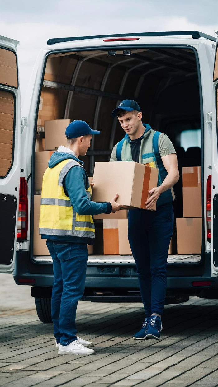 Courier collecting parcels for fast same-day delivery dispatch