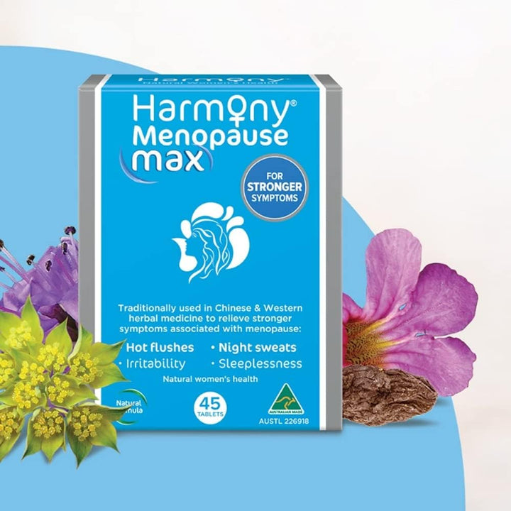 Harmony Menopause Max 45 Tablets for intense menopause symptom relief including hot flushes and night sweats, herbal formula.