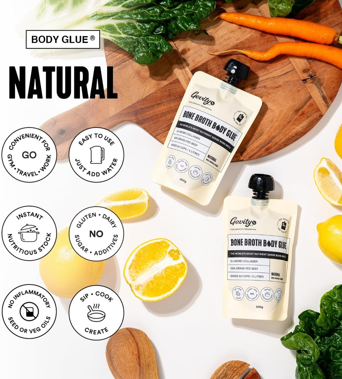 Gevity Rx Bone Broth Body Glue Natural Go 200g Pouch serving or lifestyle image