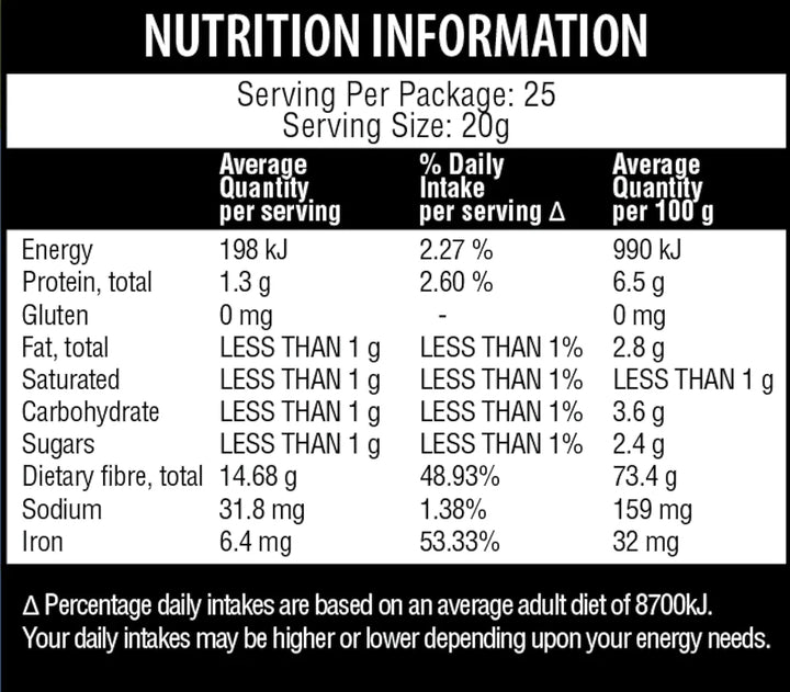 Nutrition information table for Qenda Ultimate Fibre Wildberry 500g showing energy, protein, fat, carbs, and fibre content per serving.