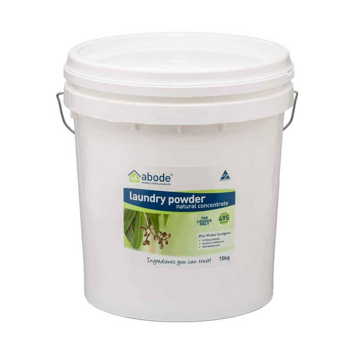Abode Front & Top Loader Eucalyptus Laundry Powder 15kg — 15kg pail, white background