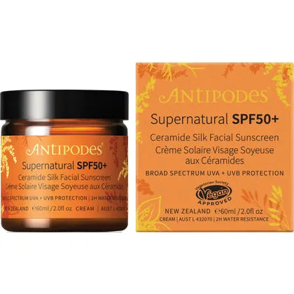Antipodes Supernatural SPF50+ Ceramide Silk Sunscreen 60ml product and carton packshot